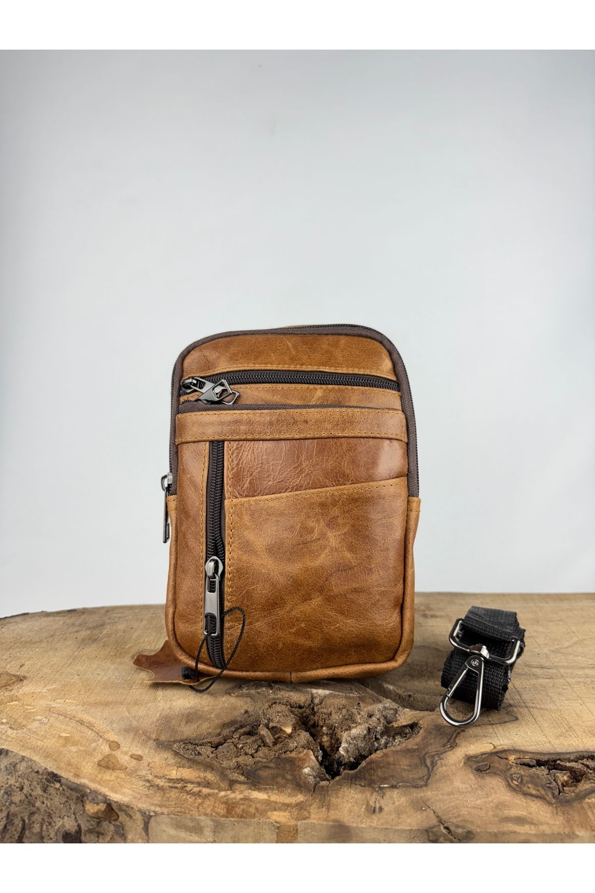 Hakiki Deri Unisex Telefon Çantası, Deri Bel Çantası, Çok Bölmeli Deri Omuz Çantası Taba