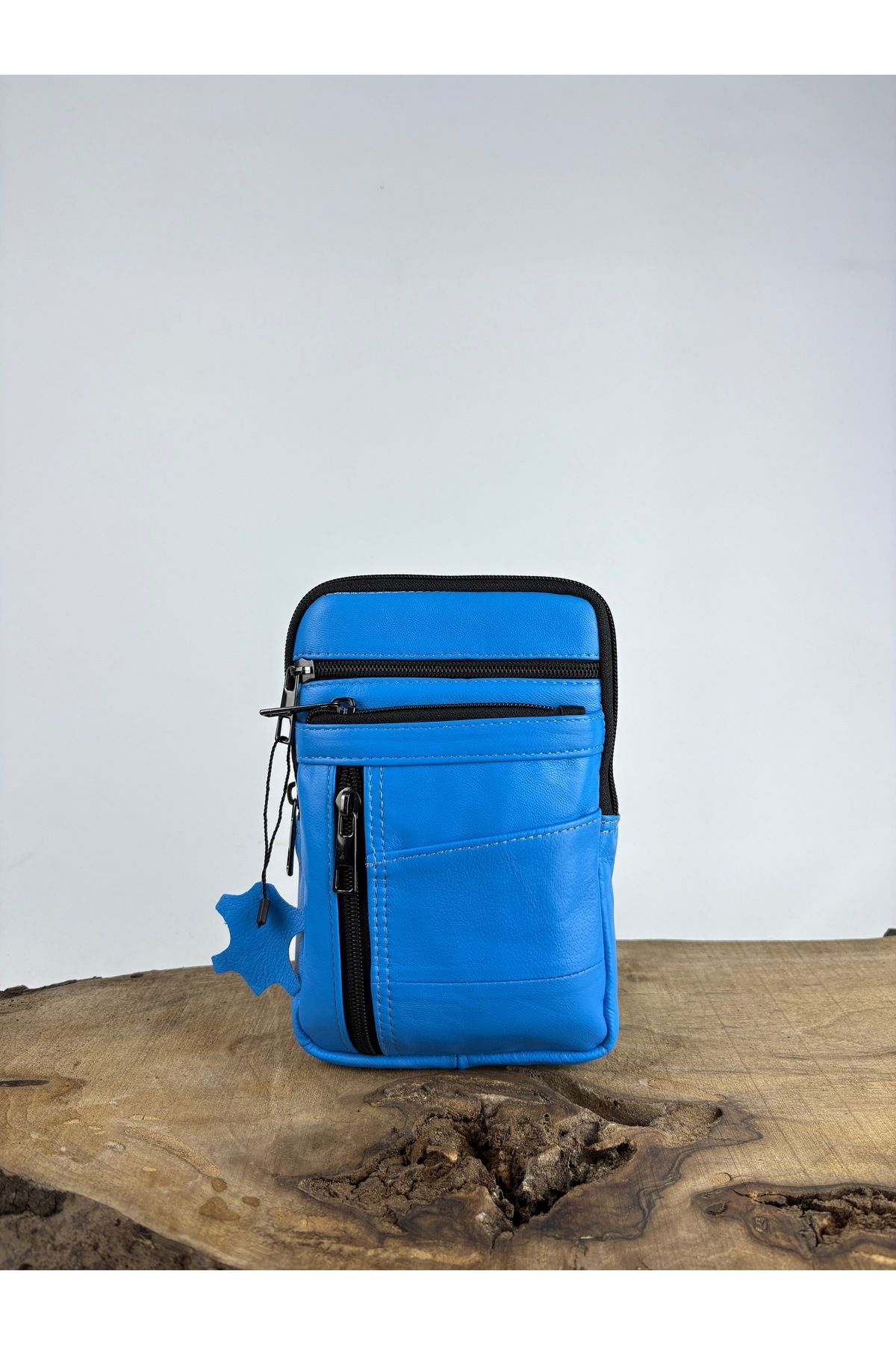 Hakiki Deri Unisex Telefon Çantası, Deri Bel Çantası, Çok Bölmeli Deri Omuz Çantası Şeker Mavi