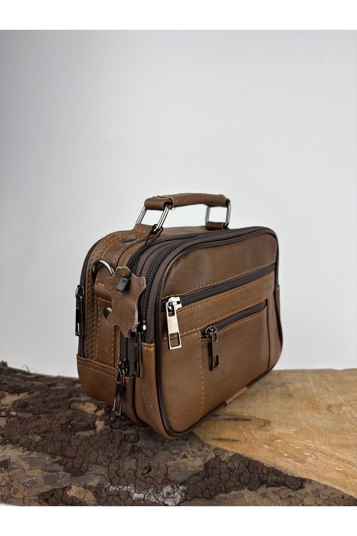 Siyah Deri Yatay Küçük Boy Çelik Kasalı Çanta El Çantası Hakiki Deri Çanta Kahverengi  Erkek