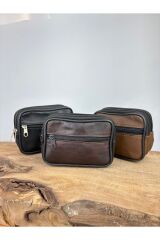 Büyük Boy 3 Gözlü Deri Kemerlik, Hakiki Deri Kemer Cüzdanı, Bozuk Para Cüzdanı, Kemer Çantası Siyah  Unisex