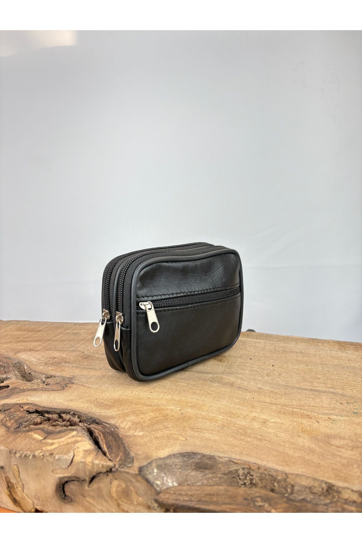 Büyük Boy 3 Gözlü Deri Kemerlik, Hakiki Deri Kemer Cüzdanı, Bozuk Para Cüzdanı, Kemer Çantası Siyah  Unisex