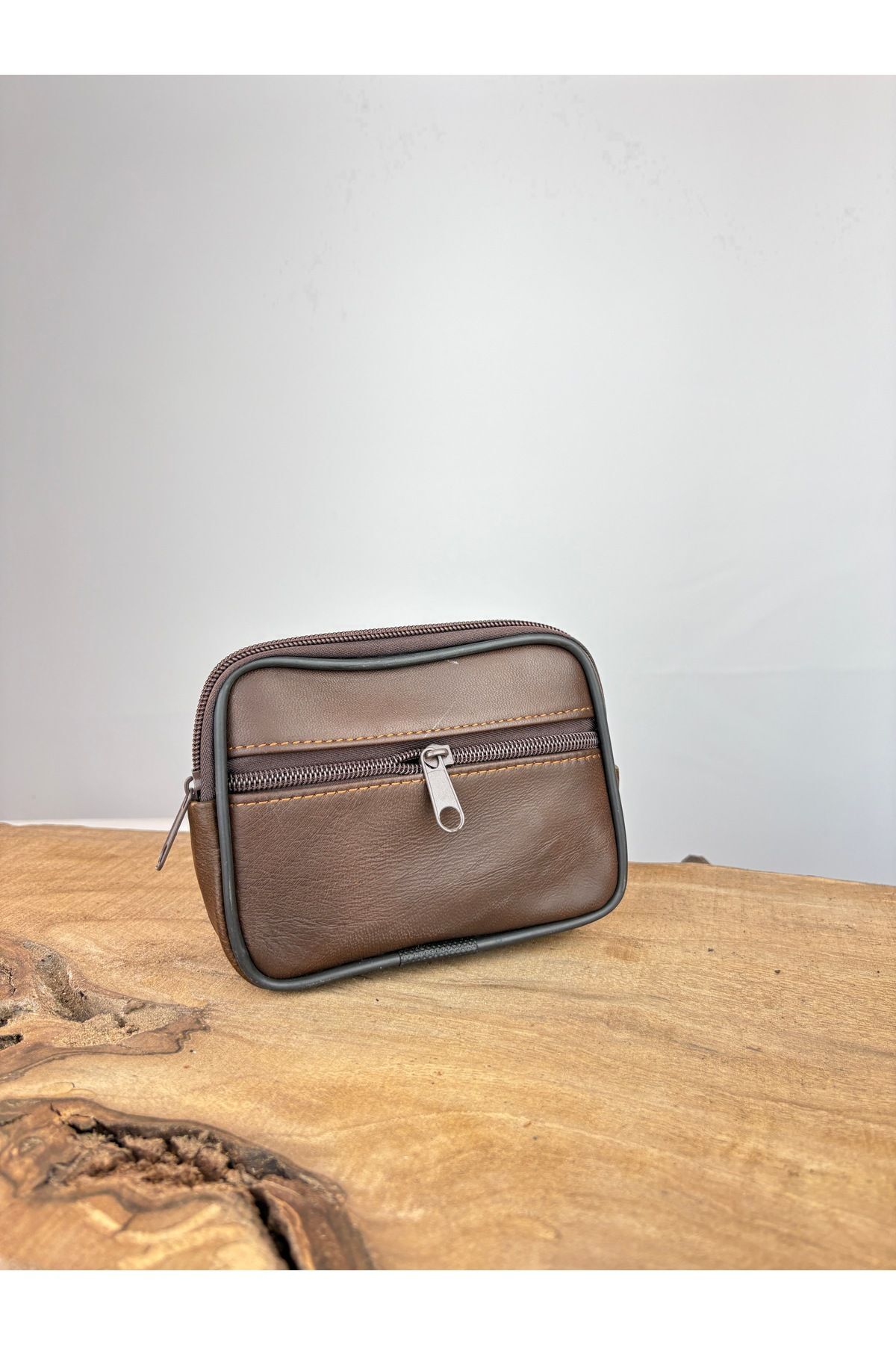 Büyük Boy 2 Gözlü Deri Kemerlik, Hakiki Deri Kemer Cüzdanı, Bozuk Para Cüzdanı, Kemer Çantası Kahverengi  Unisex