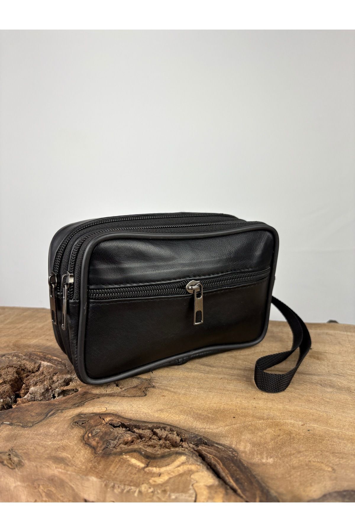 Büyük Boy 3 Gözlü Deri Kemerlik,Hakiki Deri Kemer Cüzdanı,Bozuk para,Kemer Çantası,İnşaatçı Boyacı Siyah  Erkek