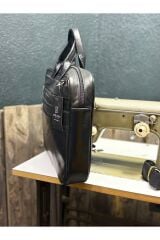 Siyah Hakiki Deri Orta Boy Notebook Çantası, Bilgisayar Tablet Evrak Çantası Siyah