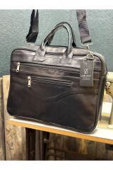 Siyah Hakiki Deri Orta Boy Notebook Çantası, Bilgisayar Tablet Evrak Çantası Siyah