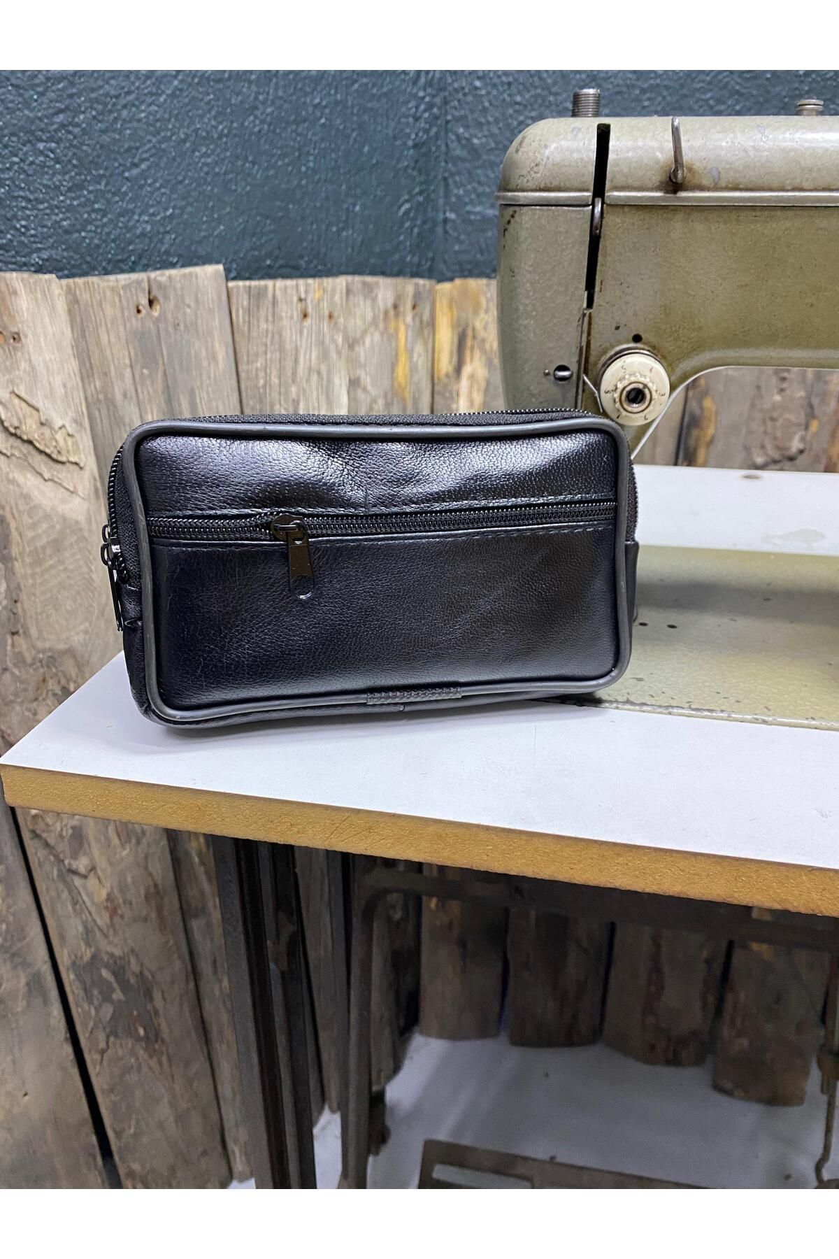 3 Gözlü Deri Kemerlik, Hakiki Deri Kemer Cüzdanı, Kemer Çantası, İnşaatçı Boyacı Çantası Siyah X Unisex