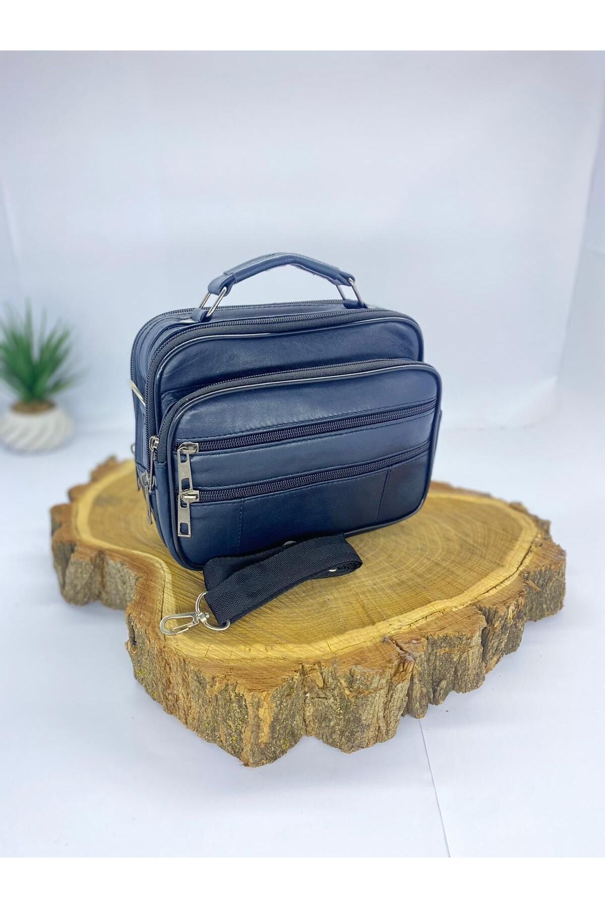 Lacivert Deri Yatay Orta Boy Çelik Kasalı Çanta El Çantası Hakiki Deri Çanta
