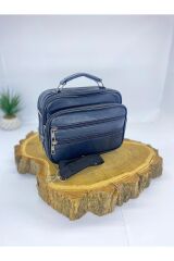 Lacivert Deri Yatay Orta Boy Çelik Kasalı Çanta El Çantası Hakiki Deri Çanta