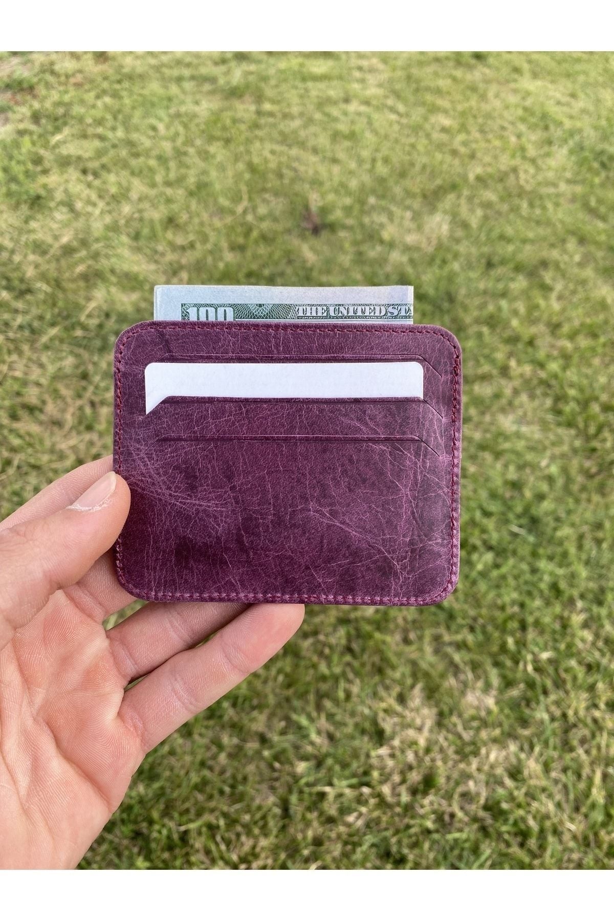 Ozd Leather Hakiki Crazy Deri Mürdüm Mor Kartlık, Minimalist Kartlık, Unisex Kartlık