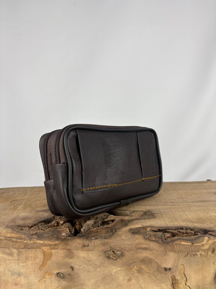 3 Gözlü Deri Kemerlik Kahverengi, Hakiki Deri Kemer Cüzdanı, Kemer Çantası, İnşaatçı Boyacı Çantası