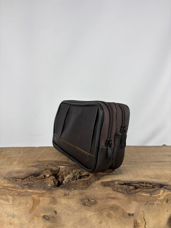 3 Gözlü Deri Kemerlik Kahverengi, Hakiki Deri Kemer Cüzdanı, Kemer Çantası, İnşaatçı Boyacı Çantası