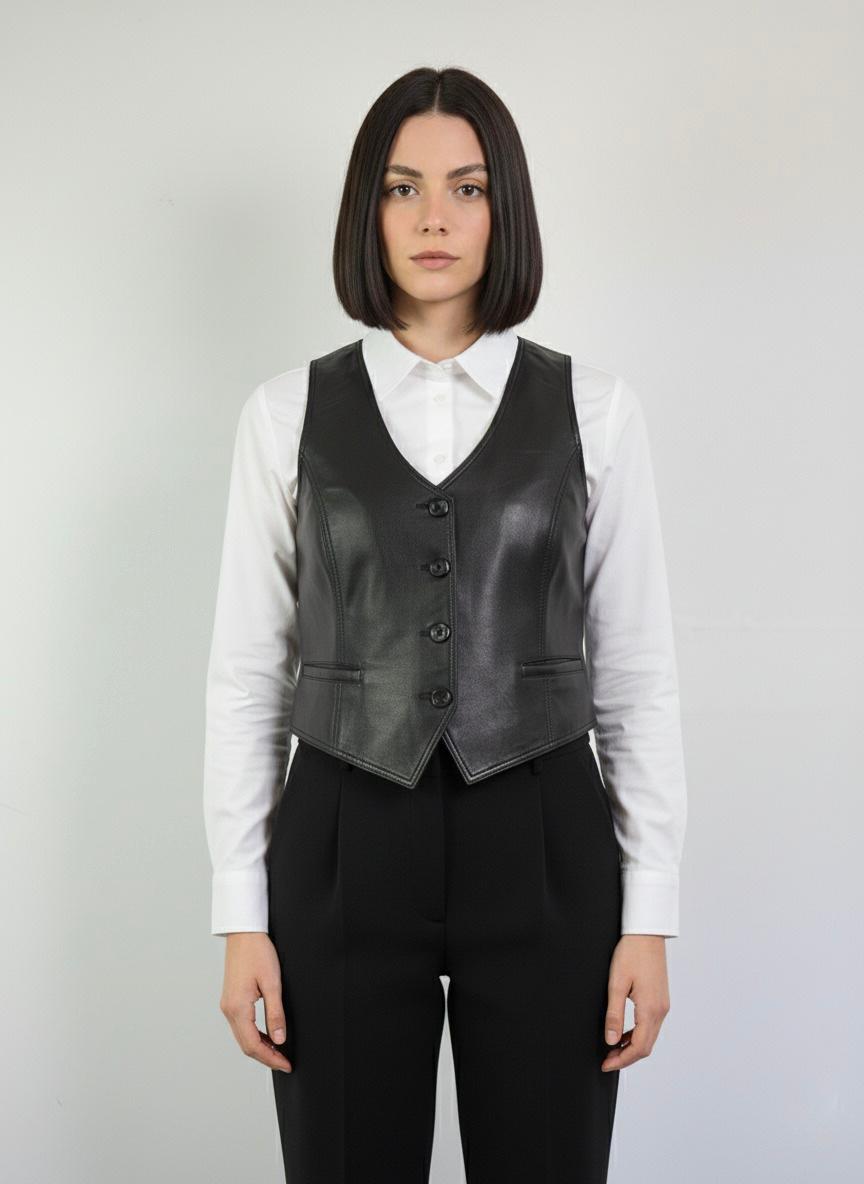 Kadın Gerçek Deri Yelek Slim Fit