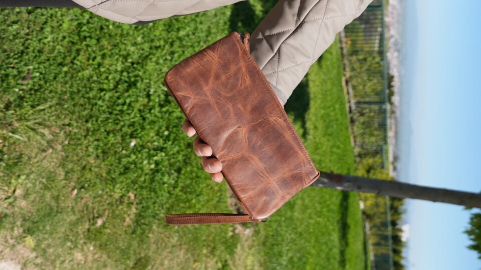 Hakiki Deri El Portföy Çanta, El Çantası, Bilek Askılı, Bileğe Takma, Clutch Çanta