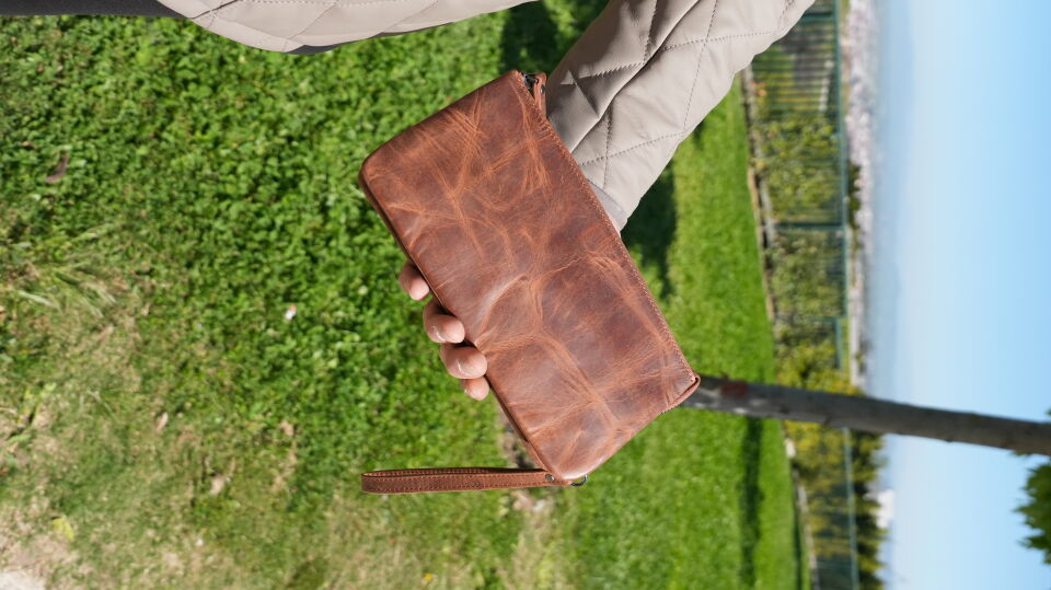 Hakiki Deri El Portföy Çanta, El Çantası, Bilek Askılı, Bileğe Takma, Clutch Çanta fındık-kahverengi
