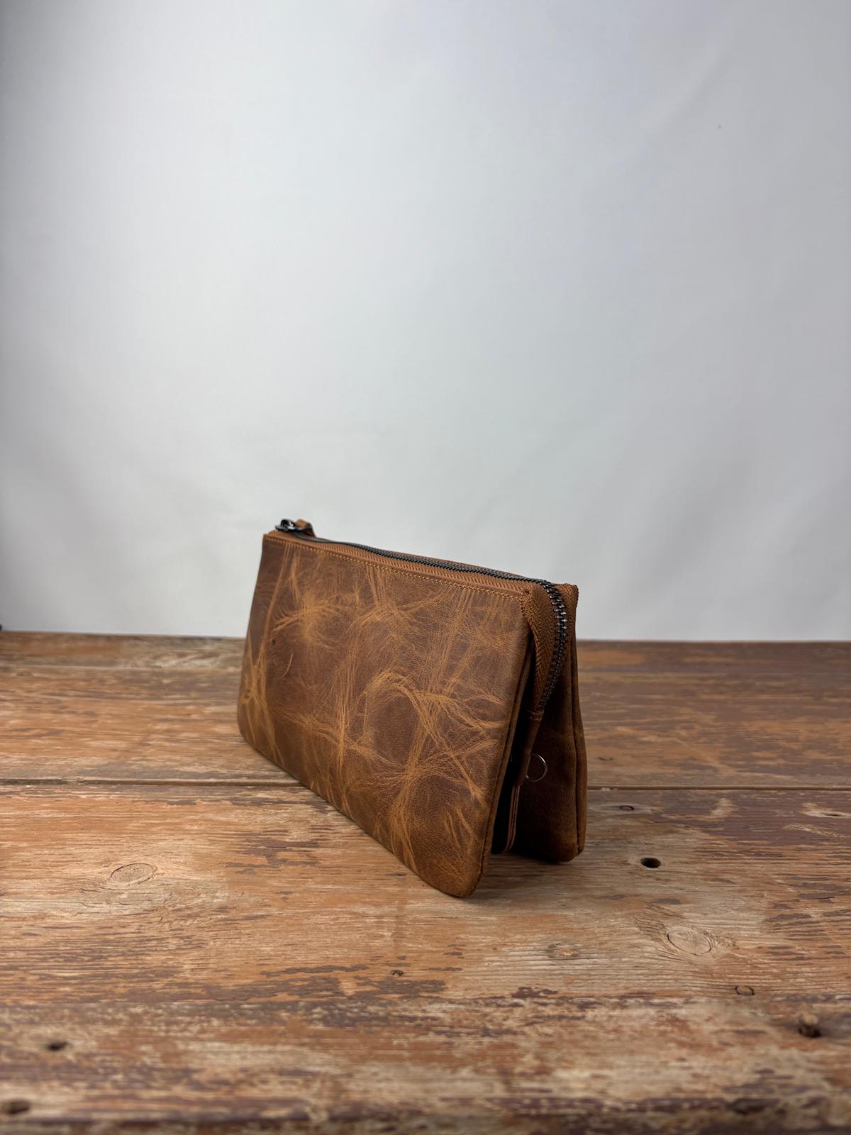 Hakiki Deri El Portföy Çanta, El Çantası, Bilek Askılı, Bileğe Takma, Clutch Çanta fındık-kahverengi