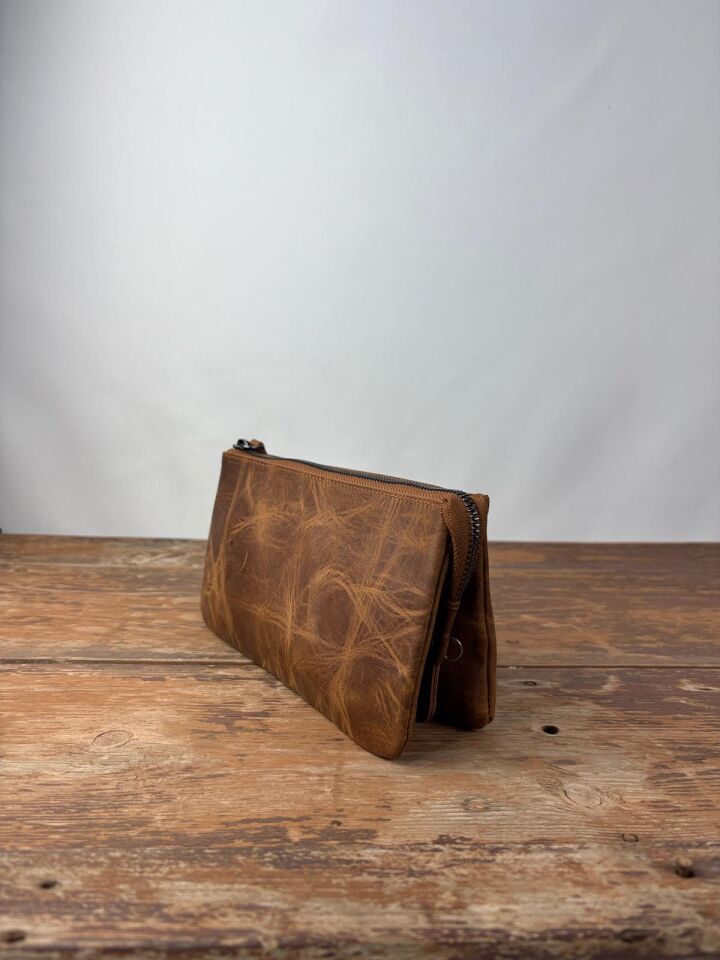 Hakiki Deri El Portföy Çanta, El Çantası, Bilek Askılı, Bileğe Takma, Clutch Çanta fındık-kahverengi
