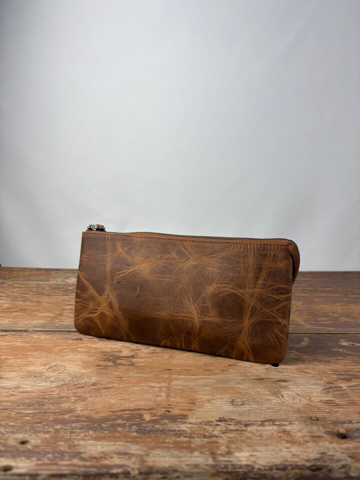 Hakiki Deri El Portföy Çanta, El Çantası, Bilek Askılı, Bileğe Takma, Clutch Çanta fındık-kahverengi