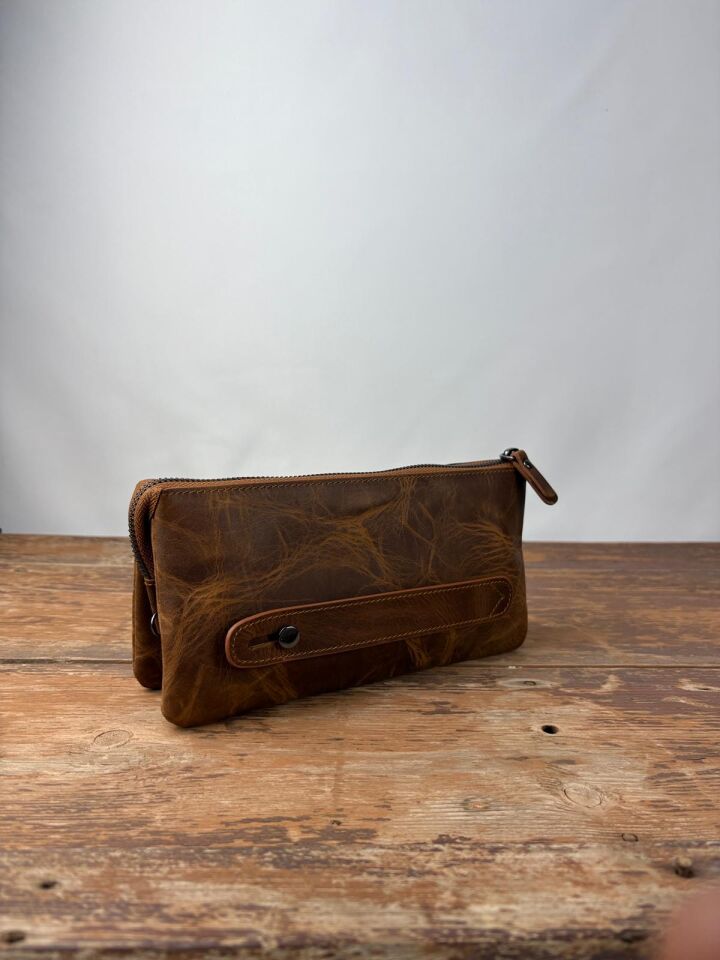 Hakiki Deri El Portföy Çanta, El Çantası, Bilek Askılı, Bileğe Takma, Clutch Çanta fındık-kahverengi