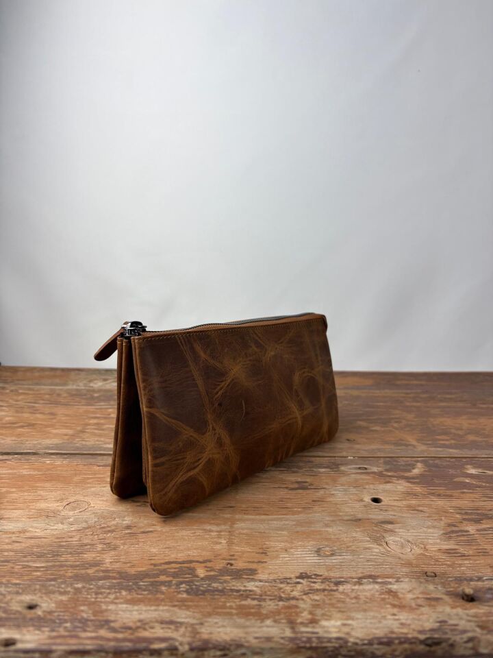 Hakiki Deri El Portföy Çanta, El Çantası, Bilek Askılı, Bileğe Takma, Clutch Çanta fındık-kahverengi