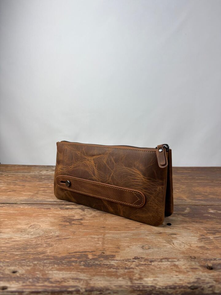 Hakiki Deri El Portföy Çanta, El Çantası, Bilek Askılı, Bileğe Takma, Clutch Çanta fındık-kahverengi