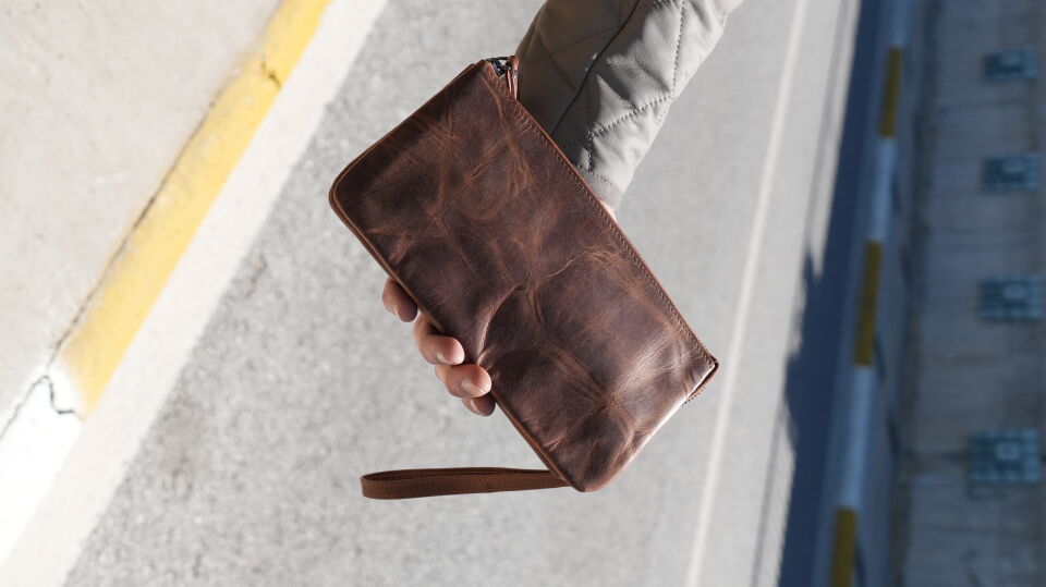 Hakiki Deri El Portföy Çanta, El Çantası, Bilek Askılı, Bileğe Takma, Clutch Çanta taba-kahverengi
