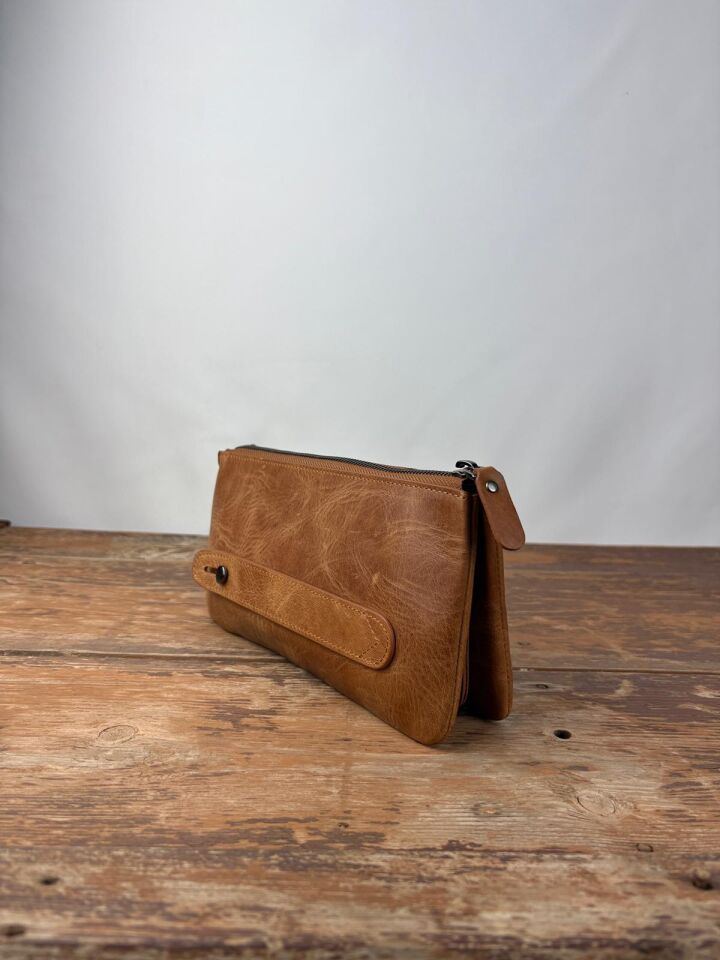 Hakiki Deri El Portföy Çanta, El Çantası, Bilek Askılı, Bileğe Takma, Clutch Çanta taba-kahverengi
