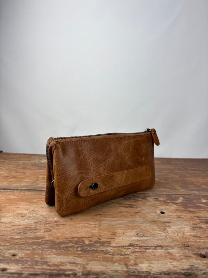 Hakiki Deri El Portföy Çanta, El Çantası, Bilek Askılı, Bileğe Takma, Clutch Çanta taba-kahverengi