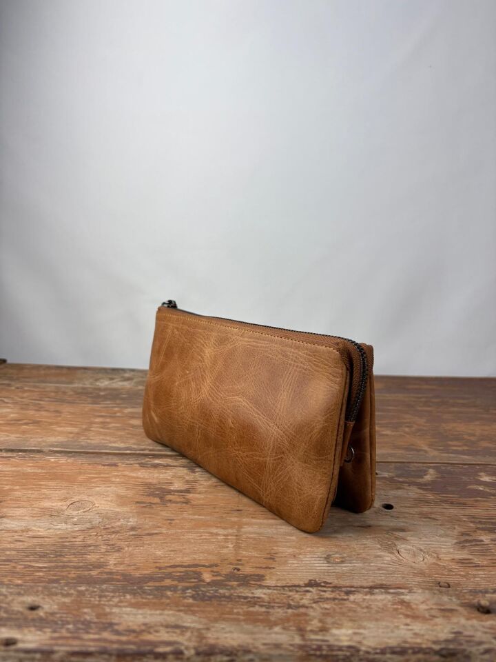 Hakiki Deri El Portföy Çanta, El Çantası, Bilek Askılı, Bileğe Takma, Clutch Çanta taba-kahverengi