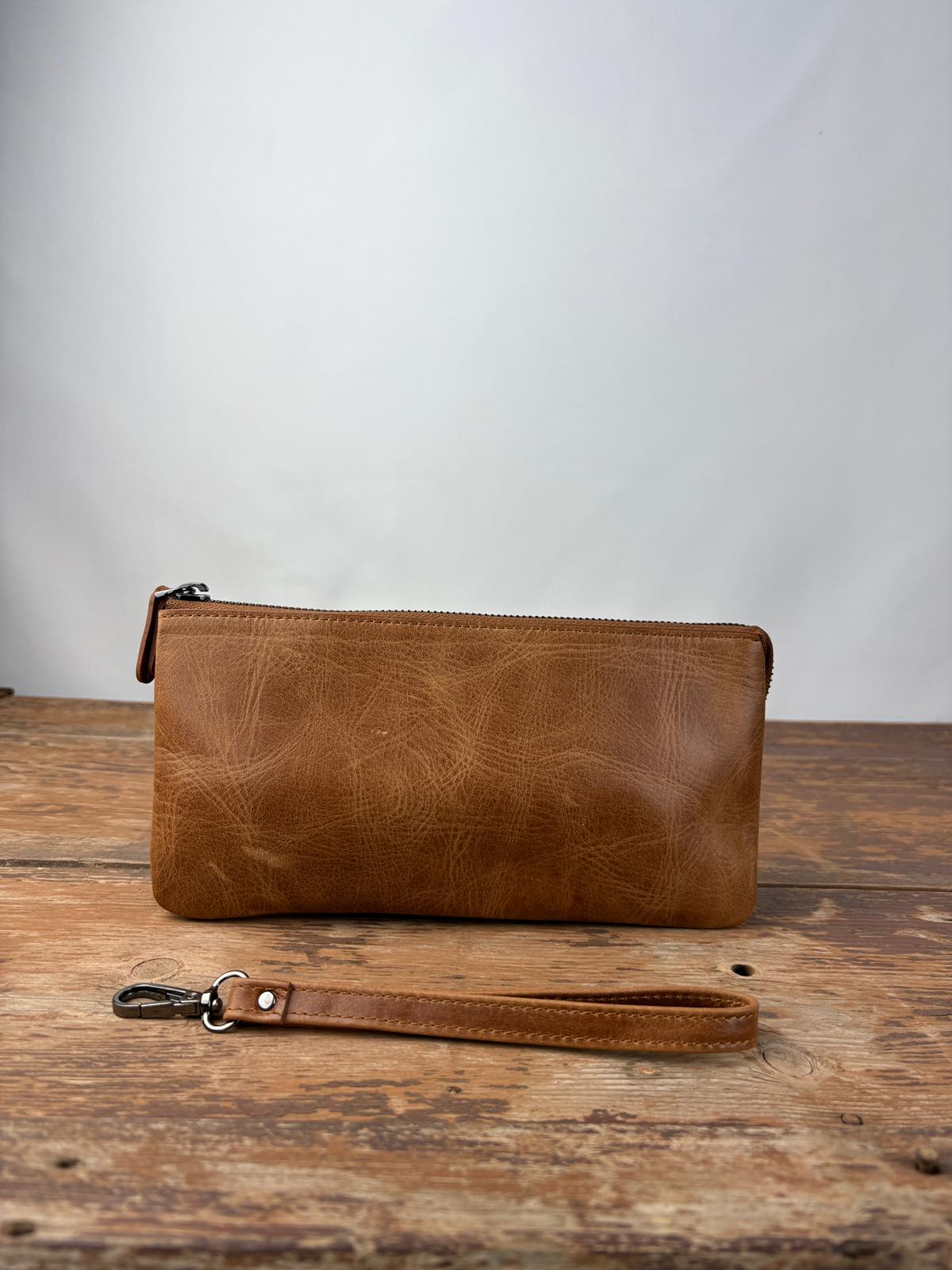 Hakiki Deri El Portföy Çanta, El Çantası, Bilek Askılı, Bileğe Takma, Clutch Çanta taba-kahverengi