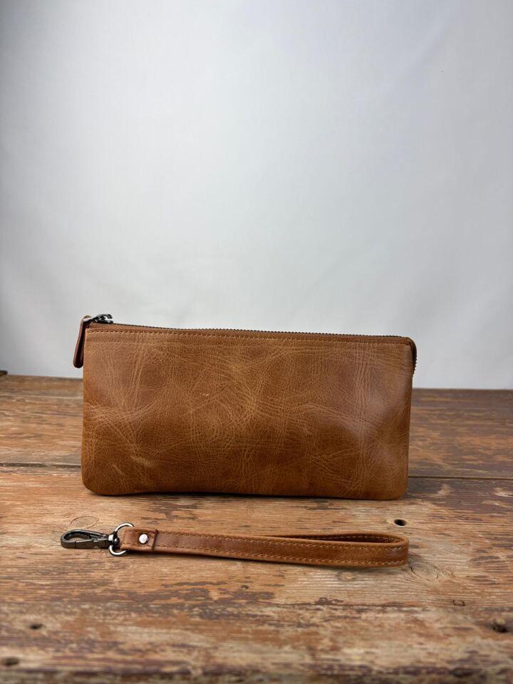 Hakiki Deri El Portföy Çanta, El Çantası, Bilek Askılı, Bileğe Takma, Clutch Çanta taba-kahverengi