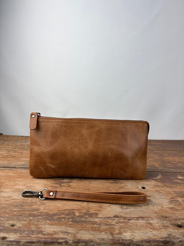 Hakiki Deri El Portföy Çanta, El Çantası, Bilek Askılı, Bileğe Takma, Clutch Çanta taba-kahverengi