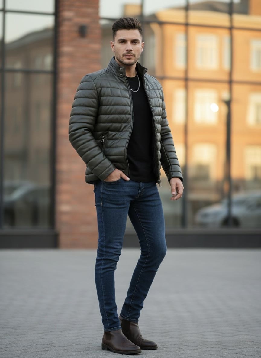 Haki Şişme Deri Mont Hakiki Deri