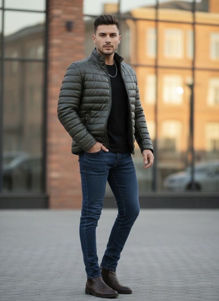 Haki Şişme Deri Mont Hakiki Deri