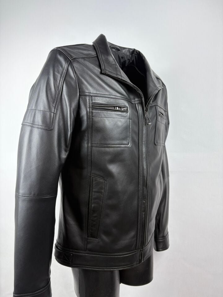 Hakiki Deri Siyah Slim-Fit Deri Mont