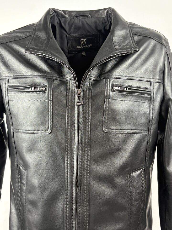 Hakiki Deri Siyah Slim-Fit Deri Mont