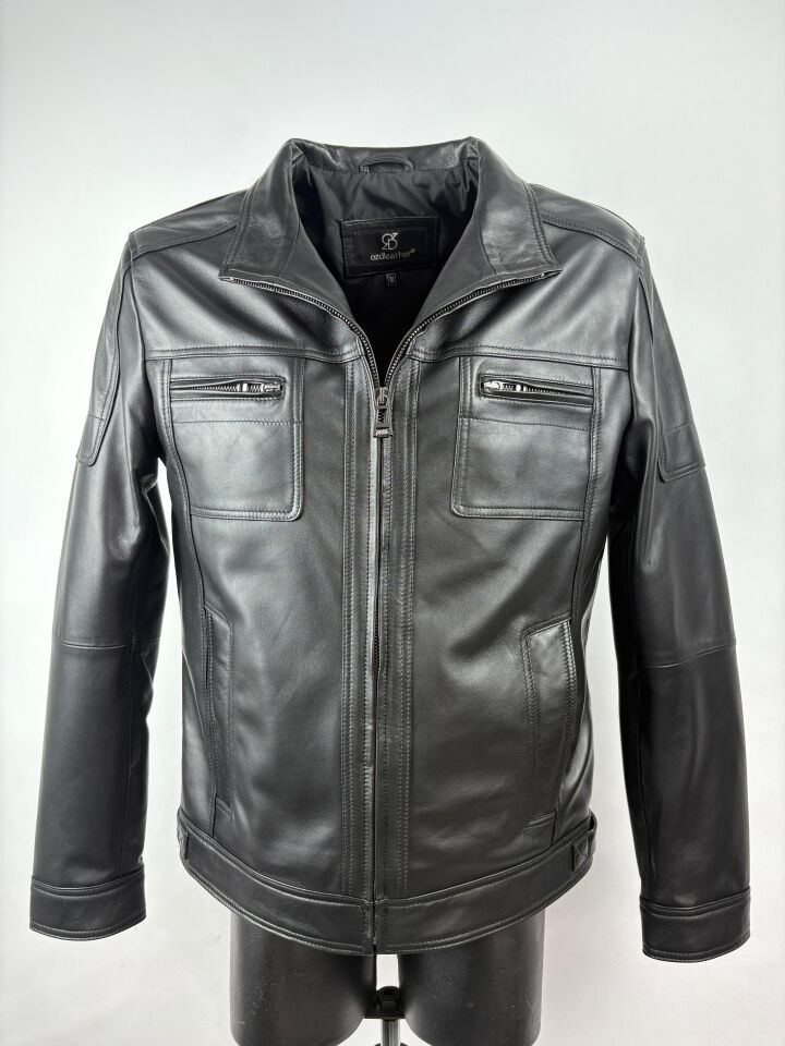 Hakiki Deri Siyah Slim-Fit Deri Mont