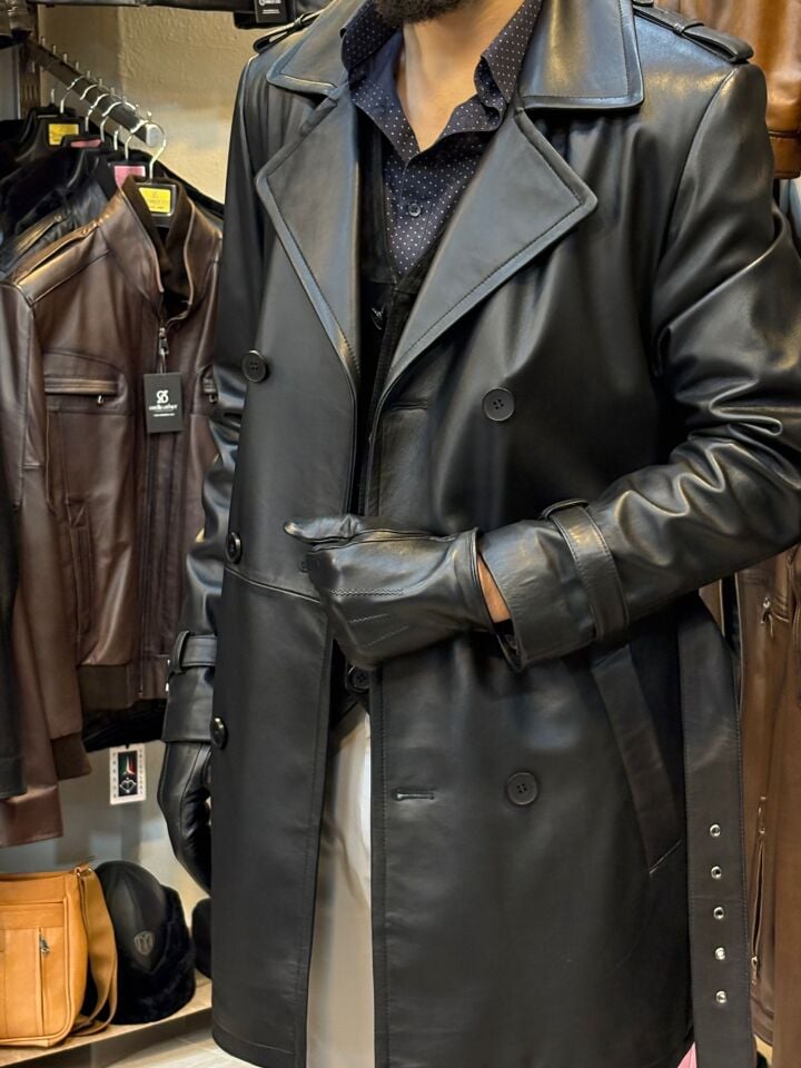 Hakiki Deri Erkek Siyah Trençkot