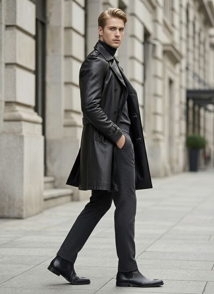 Hakiki Deri Erkek Siyah Trençkot