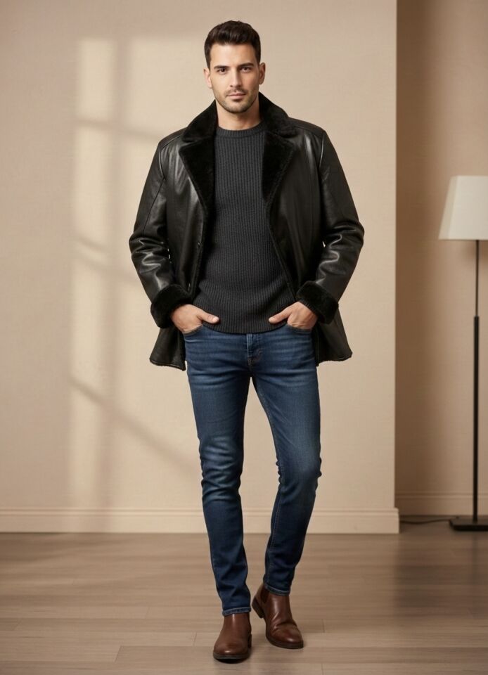 Çakır Hakiki Deri Siyah Kürklü Kaban