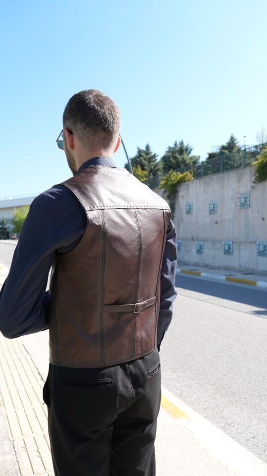 Hans Hakiki Deri Klasik Erkek Yelek ,Puntolu Yelek